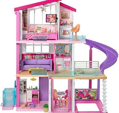 Barbie Mobilier Dreamhouse, maison de rêve pour poupées avec piscine, toboggan et ascenseur accessible en fauteuil roulant, jouet pour enfant, GNH53